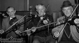 Jerry McCarthy (left) and Mikey Duggan (centre) pictured with Denis McMahon as they played on the opening night of the first Patrick O'Keeffe Traditional Music Festival in 1993. Photograph: John Reidy 22-10-1993